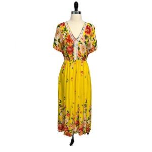 Farm Rio Anthropologie yellow tropical Samara dress